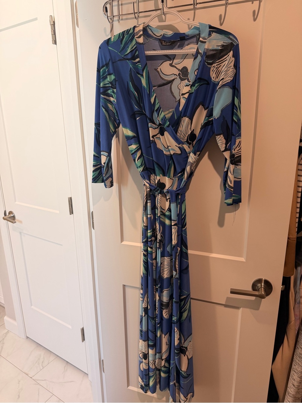 Mlle Gabrielle Blue Floral Wrap Maxi Dress with Green and White Accents